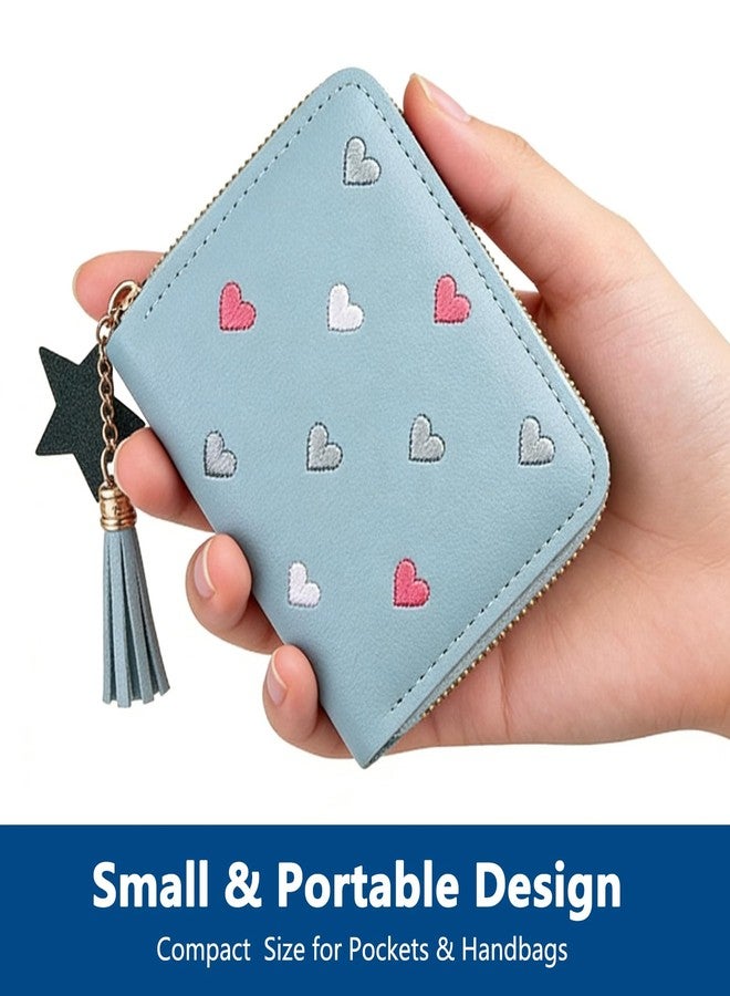 KGCGJVB 2Pcs Cute Wallets for Women Pink Blue PU Leather Small Card Holder with Heart-Embroidery Y2K Style Zipper Coin Purse Credit Card Wallet with Tassel Pendant - Image 5