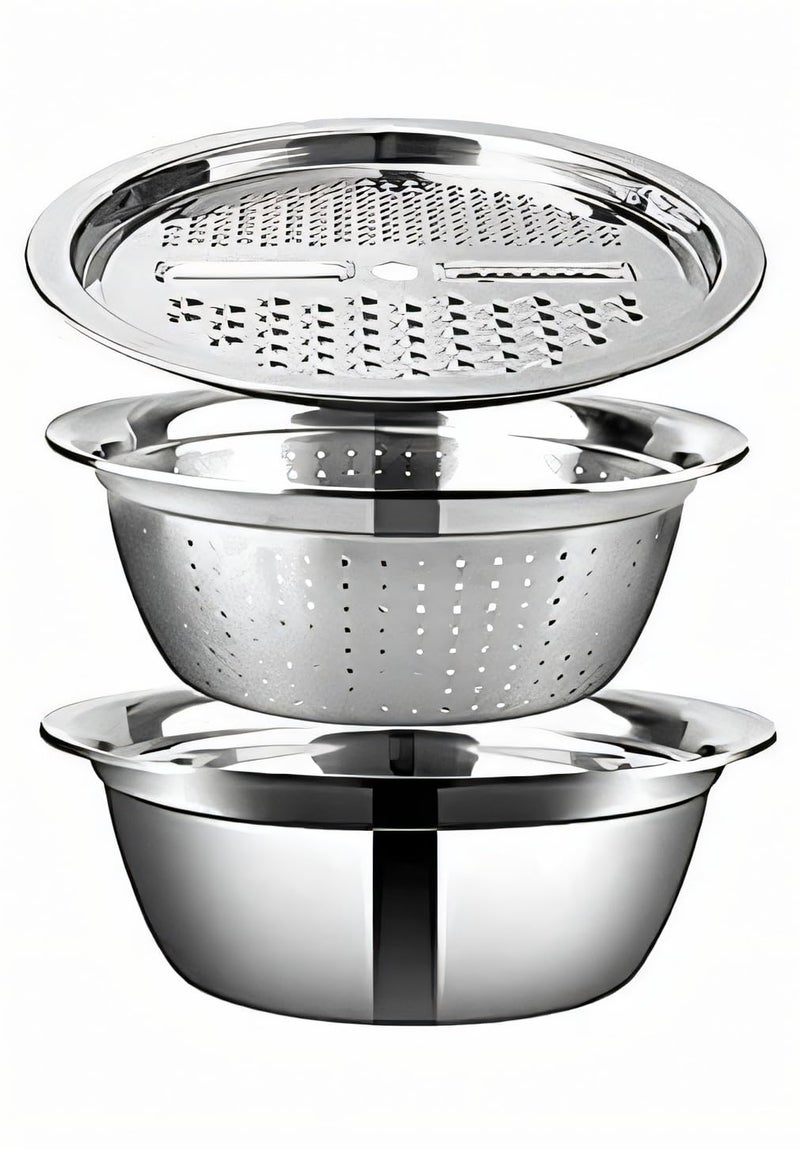 EVK® German Multifunctional Stainless Steel Basin 3 in 1 Colander Basin Mixing Bowl Set Salad Maker Strainer Bowl with Drain Basket Fruit Vegetable Cutter Grater - Image 2