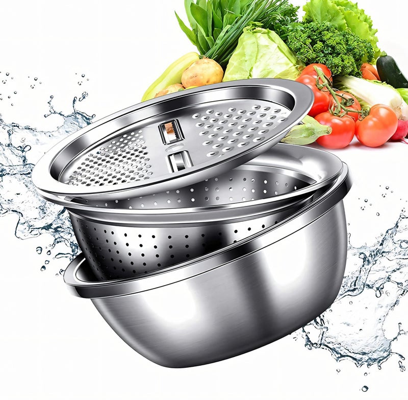 EVK® German Multifunctional Stainless Steel Basin 3 in 1 Colander Basin Mixing Bowl Set Salad Maker Strainer Bowl with Drain Basket Fruit Vegetable Cutter Grater - Image 1