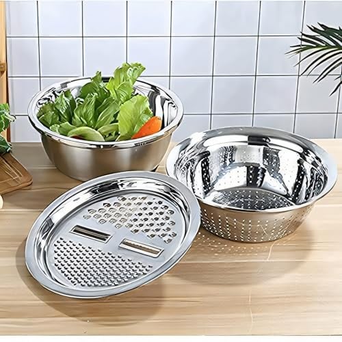 EVK® German Multifunctional Stainless Steel Basin 3 in 1 Colander Basin Mixing Bowl Set Salad Maker Strainer Bowl with Drain Basket Fruit Vegetable Cutter Grater - Image 3