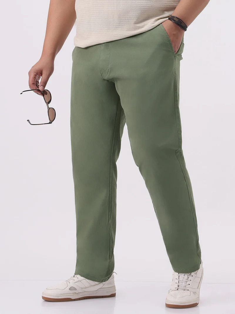 Urbano Plus Men's Sage Green Cotton Regular Fit Casual Chinos Trousers Stretch