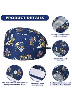 Beauenty 3 Pack Working Caps with ons and Sweatband Cotton Printed Bouffant Hats Adjustable Elastic Tie Back Hats for Women and Men Breathable Scrub Cap  - Image 2
