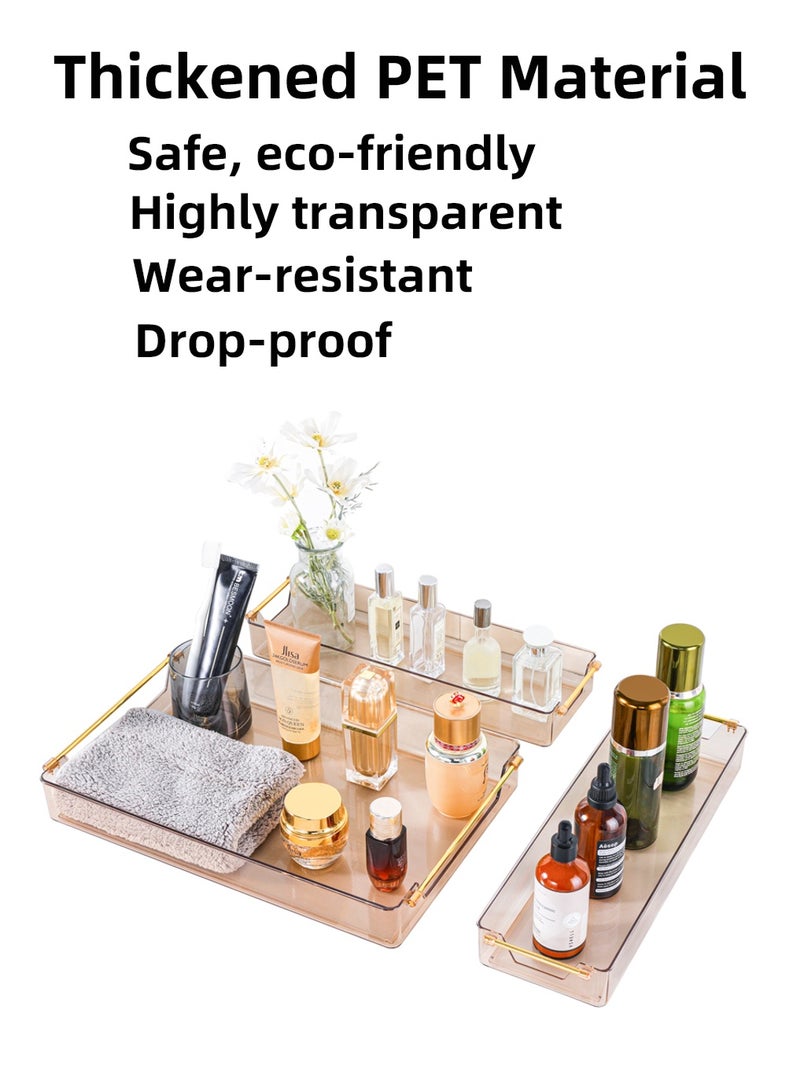 زشير طقم صواني ديكورية بمقابض ذهبية (3 قطع)، صواني فاخرة شفافة سميكة مصنوعة من PET لطاولة القهوة، طاولة الشاي، منضدة الزينة، العثمانية، البار، المطبخ، الحمام، صواني تقديم للتخزين والحفلات والمناسبات (لون كهرماني) - Image 3