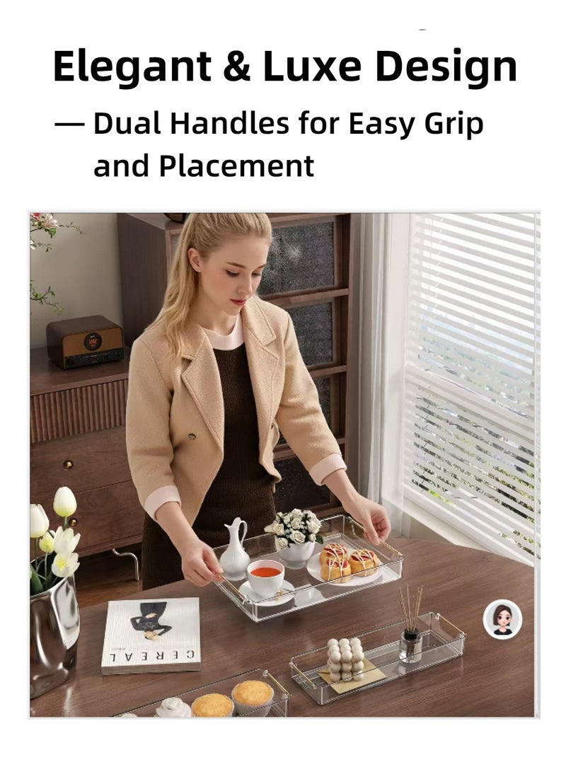 زشير طقم صواني ديكورية بمقابض ذهبية (3 قطع)، صواني فاخرة شفافة سميكة مصنوعة من PET لطاولة القهوة، طاولة الشاي، منضدة الزينة، العثمانية، البار، المطبخ، الحمام، صواني تقديم للتخزين والحفلات والمناسبات (لون كهرماني) - Image 2