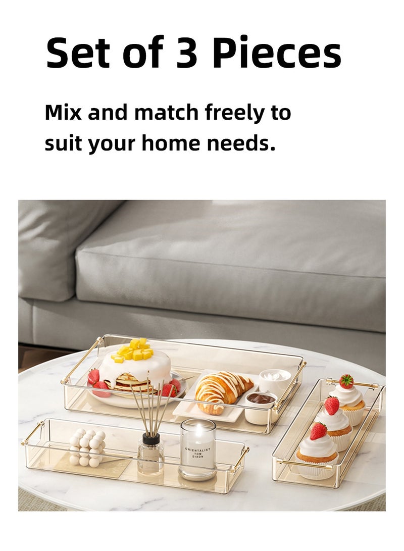 زشير طقم صواني ديكورية بمقابض ذهبية (3 قطع)، صواني فاخرة شفافة سميكة مصنوعة من PET لطاولة القهوة، طاولة الشاي، منضدة الزينة، العثمانية، البار، المطبخ، الحمام، صواني تقديم للتخزين والحفلات والمناسبات (لون كهرماني) - Image 5