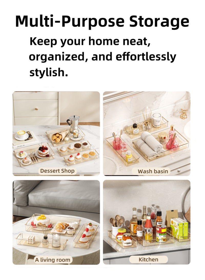 زشير طقم صواني ديكورية بمقابض ذهبية (3 قطع)، صواني فاخرة شفافة سميكة مصنوعة من PET لطاولة القهوة، طاولة الشاي، منضدة الزينة، العثمانية، البار، المطبخ، الحمام، صواني تقديم للتخزين والحفلات والمناسبات (لون كهرماني) - Image 4