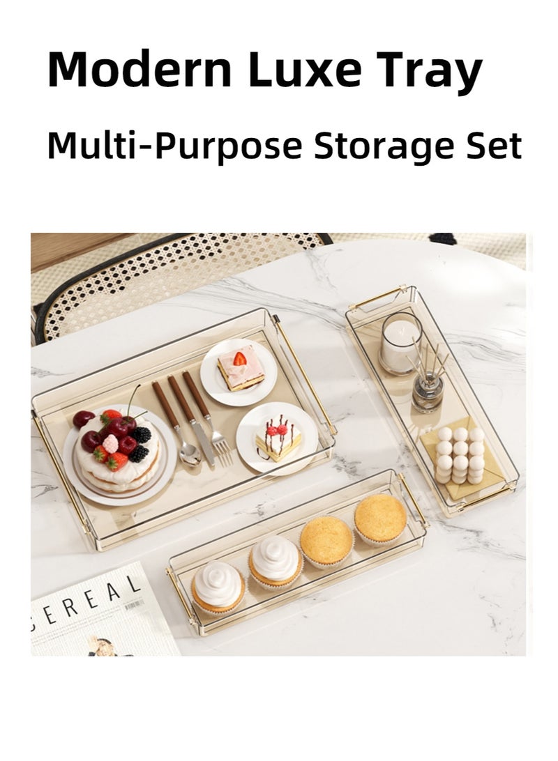 زشير طقم صواني ديكورية بمقابض ذهبية (3 قطع)، صواني فاخرة شفافة سميكة مصنوعة من PET لطاولة القهوة، طاولة الشاي، منضدة الزينة، العثمانية، البار، المطبخ، الحمام، صواني تقديم للتخزين والحفلات والمناسبات (لون كهرماني) - Image 1