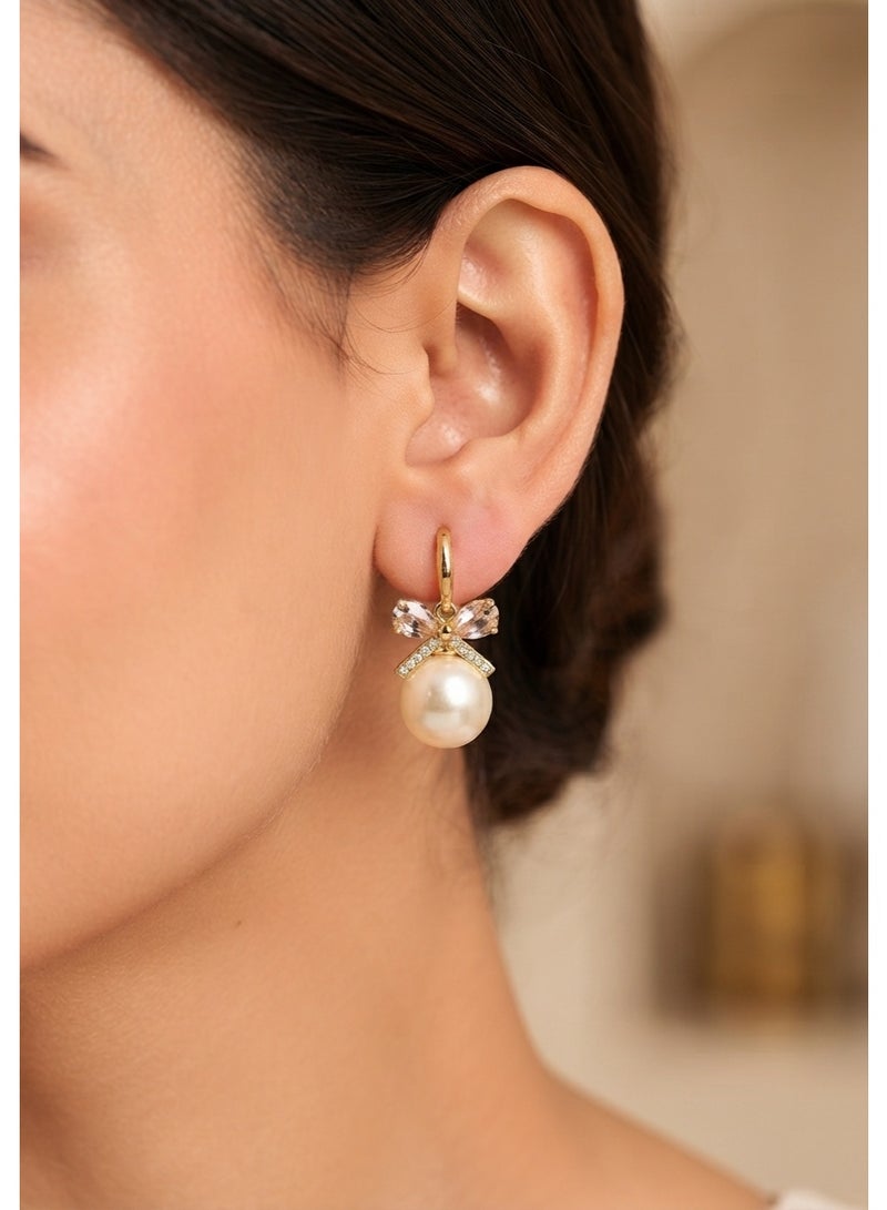 R.C.E Accessories RCE Accessories Pearl Drop Earrings for Women - Gold-Tone Bow with Pink Gemstones - Image 2