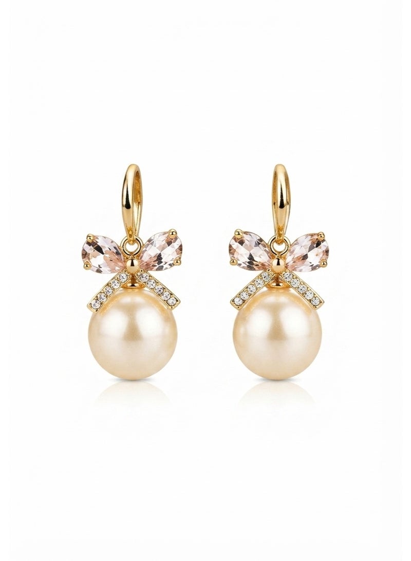 R.C.E Accessories RCE Accessories Pearl Drop Earrings for Women - Gold-Tone Bow with Pink Gemstones - Image 1