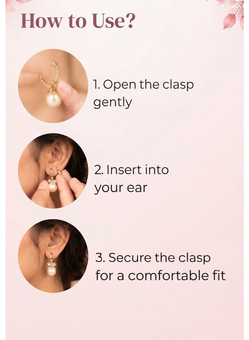 R.C.E Accessories RCE Accessories Pearl Drop Earrings for Women - Gold-Tone Bow with Pink Gemstones - Image 3
