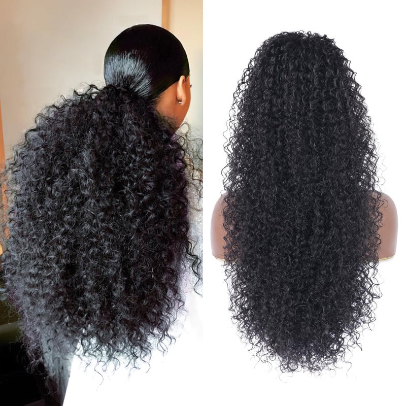 Alebery 27 Inch Drawstring Ponytail Extension for Black Women Deep Curly Ponytail Extension Synthetic Mixed with Human Hair Hairpieces Afro Kinky Curly Pony Tail for Daily Use (Black) - Image 1