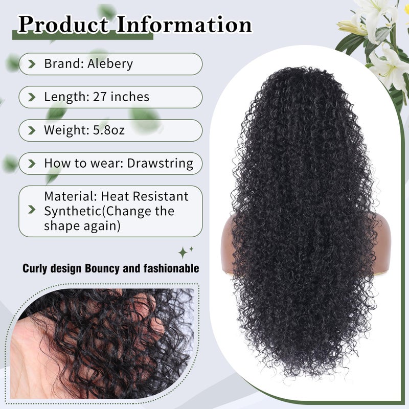 Alebery 27 Inch Drawstring Ponytail Extension for Black Women Deep Curly Ponytail Extension Synthetic Mixed with Human Hair Hairpieces Afro Kinky Curly Pony Tail for Daily Use (Black) - Image 3