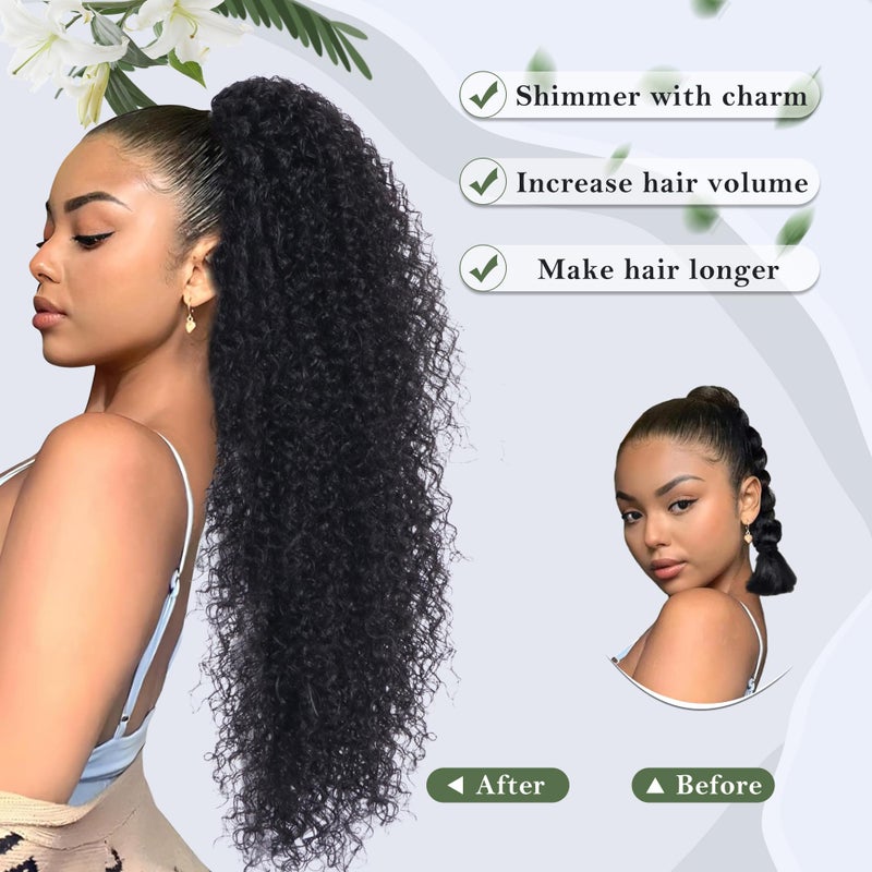 Alebery 27 Inch Drawstring Ponytail Extension for Black Women Deep Curly Ponytail Extension Synthetic Mixed with Human Hair Hairpieces Afro Kinky Curly Pony Tail for Daily Use (Black) - Image 2
