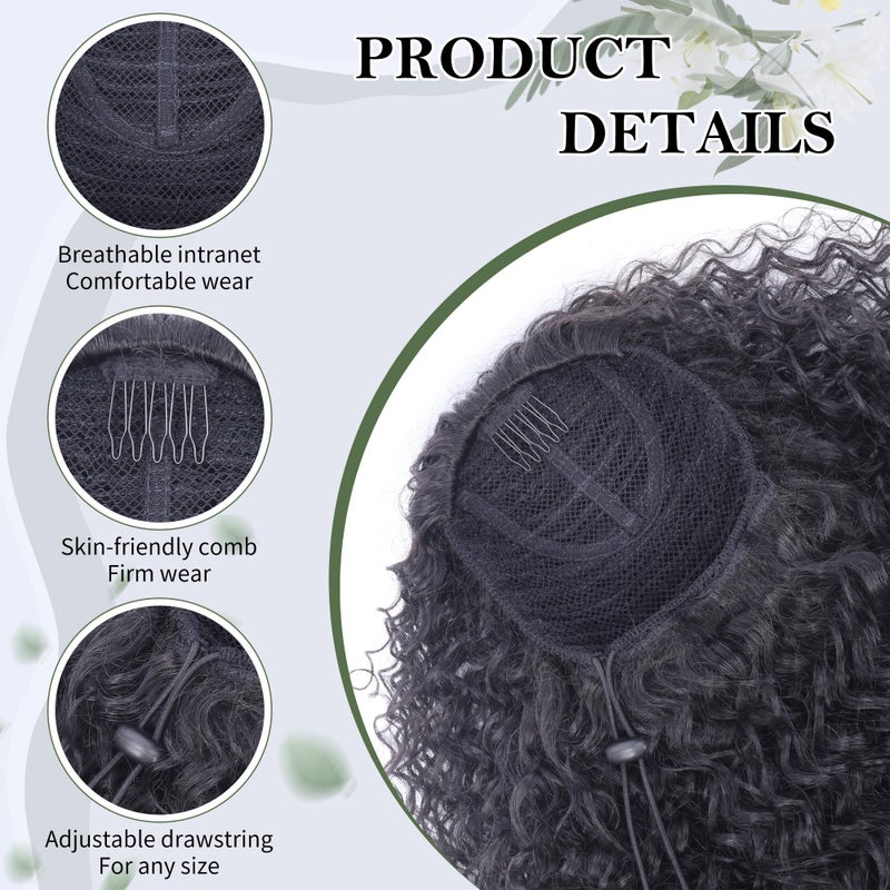 Alebery 27 Inch Drawstring Ponytail Extension for Black Women Deep Curly Ponytail Extension Synthetic Mixed with Human Hair Hairpieces Afro Kinky Curly Pony Tail for Daily Use (Black) - Image 4
