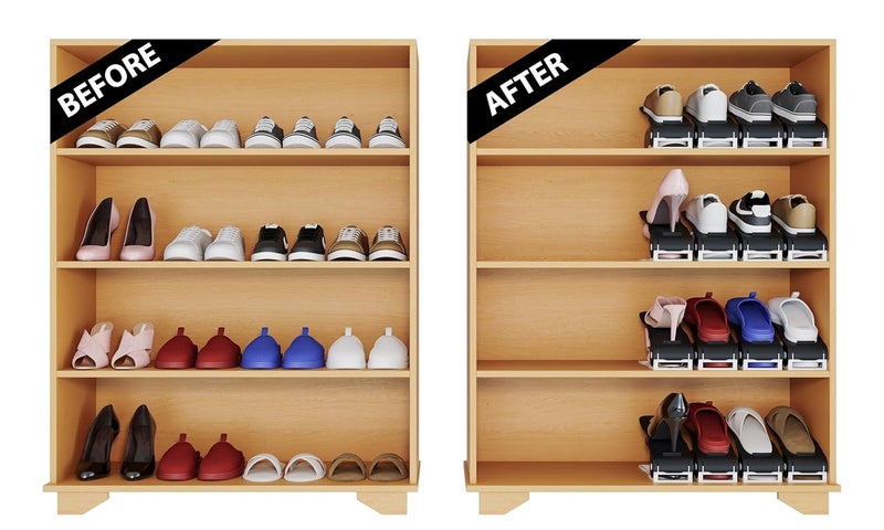 NYALKARAN Adjustable Shoe Organizer Rack Space Saver Double Deck Shoe Shelf Plastic Slots Holder for Closet Storage and Organization BLACK WHITE PACK OF 2 - Image 3