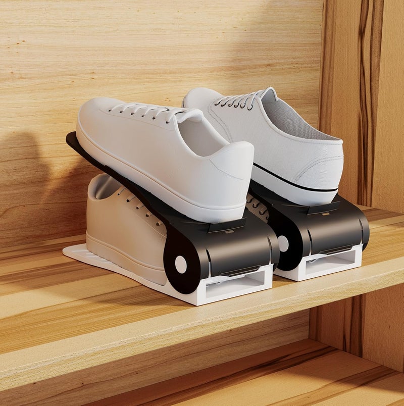 NYALKARAN Adjustable Shoe Organizer Rack Space Saver Double Deck Shoe Shelf Plastic Slots Holder for Closet Storage and Organization BLACK WHITE PACK OF 2 - Image 1