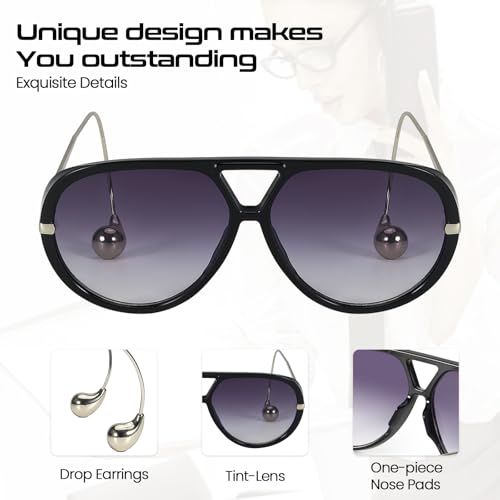 SODQW Oversized Aviator Sunglasses for Women With Earring Trendy Large Big 2025 Designer Shades Adjustable Temples - Image 4