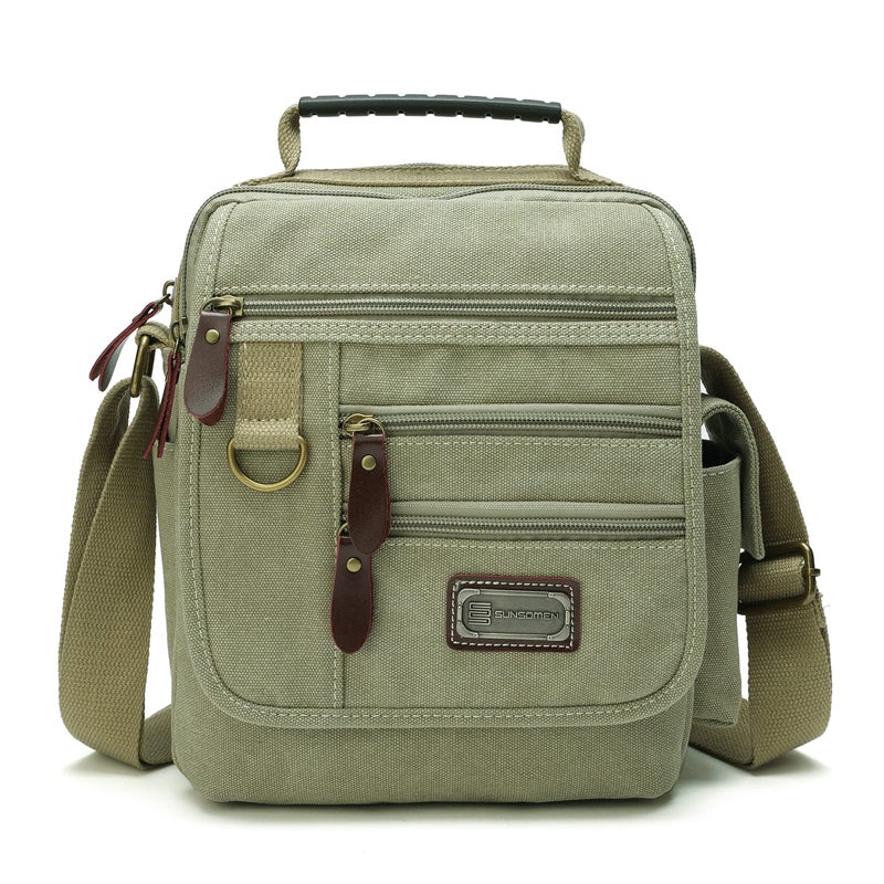 SUNSOMEN Mens bag Canvas Shoulder Bag Small Messenger Crossbody Work Bag Vintage Multi-function (Khaki green) - Image 1