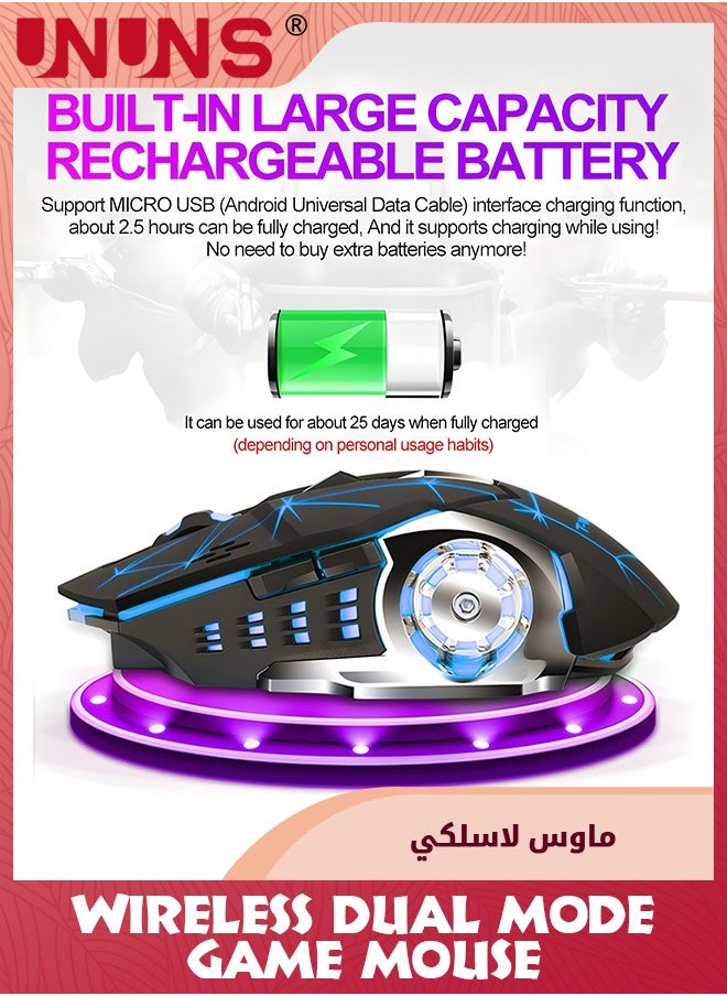 UNUNS - Wireless Gaming Mouse,Dual-Mode Rechargeable Gamer Mice,2.4G Wireless Bluetooth 5.0,Adjustable DPI,7 Cool RGB Backlit,6 Programmable Buttons,Built-in 600mAh Battery,For PC Notebook Mac,Black - Image 1