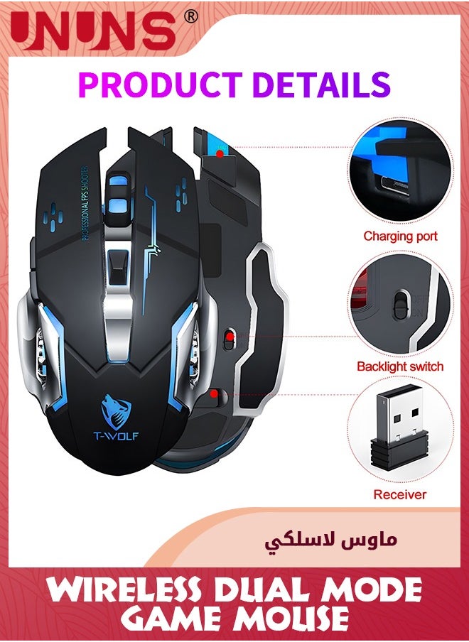 UNUNS - Wireless Gaming Mouse,Dual-Mode Rechargeable Gamer Mice,2.4G Wireless Bluetooth 5.0,Adjustable DPI,7 Cool RGB Backlit,6 Programmable Buttons,Built-in 600mAh Battery,For PC Notebook Mac,Black - Image 1