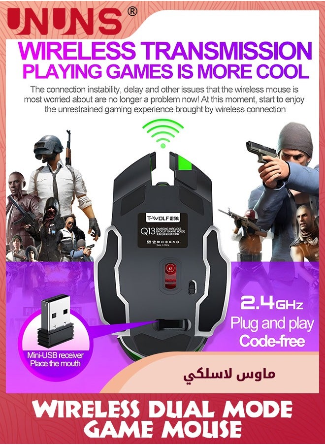 UNUNS - Wireless Gaming Mouse,Dual-Mode Rechargeable Gamer Mice,2.4G Wireless Bluetooth 5.0,Adjustable DPI,7 Cool RGB Backlit,6 Programmable Buttons,Built-in 600mAh Battery,For PC Notebook Mac,Black - Image 1