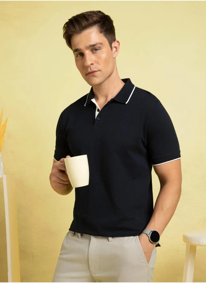 Dennis Lingo Navy Blazer Regular Fit Polo T-Shirt for Men featuring a three-button placket and contrast inner lining, made from single jersey fabric – the perfect mix of comfort and style.