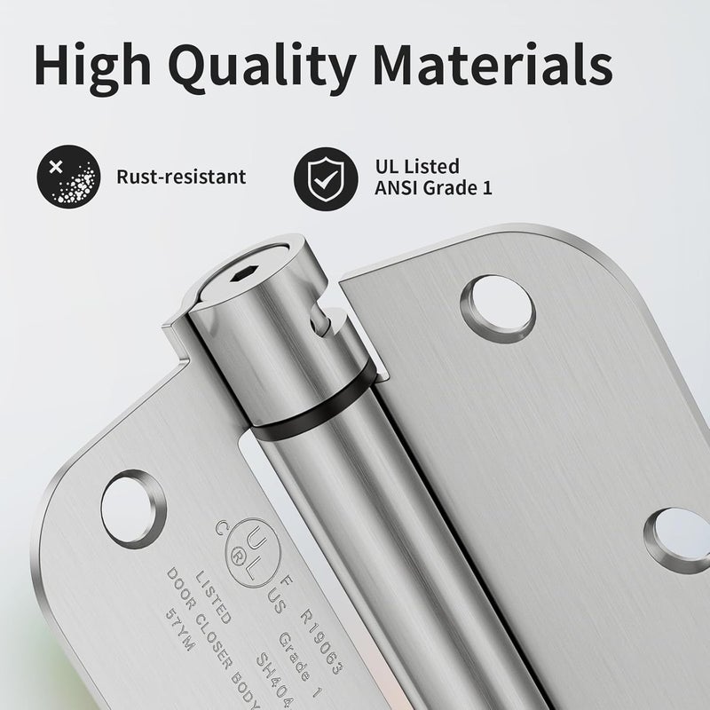 Bubxo 4 Pack Self Closing Door Hinges 3.5 Inch, Spring Door Hinge with 5/8'' Radius Corners, Adjustable Tension for Garage, Front, Back Door, UL Listed, Left and Right Hand, Brushed Nickel - Image 3
