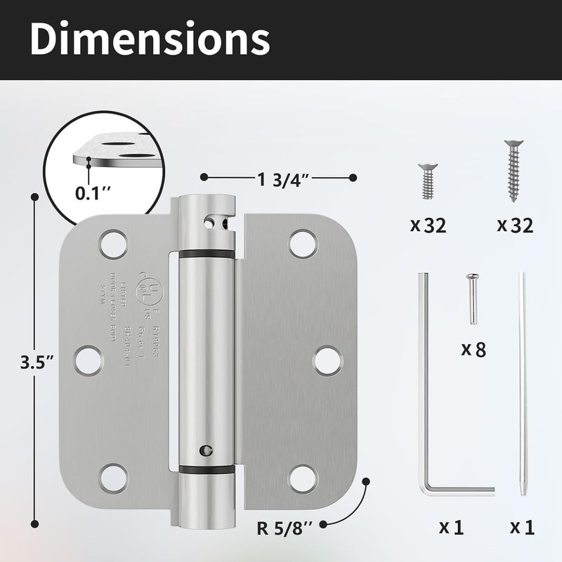 Bubxo 4 Pack Self Closing Door Hinges 3.5 Inch, Spring Door Hinge with 5/8'' Radius Corners, Adjustable Tension for Garage, Front, Back Door, UL Listed, Left and Right Hand, Brushed Nickel - Image 2