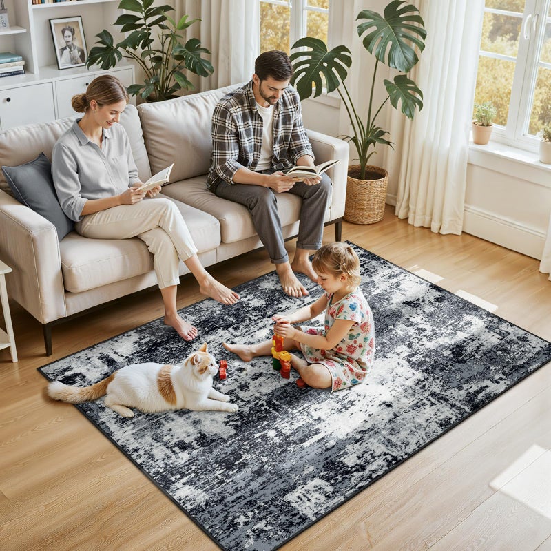 RELEANY Washable Area Rugs 4'x6' Non-Slip Modern Abstract Soft for Living Room Entryway Bedroom Nursery  Print Pattern  Black Gray - Image 2