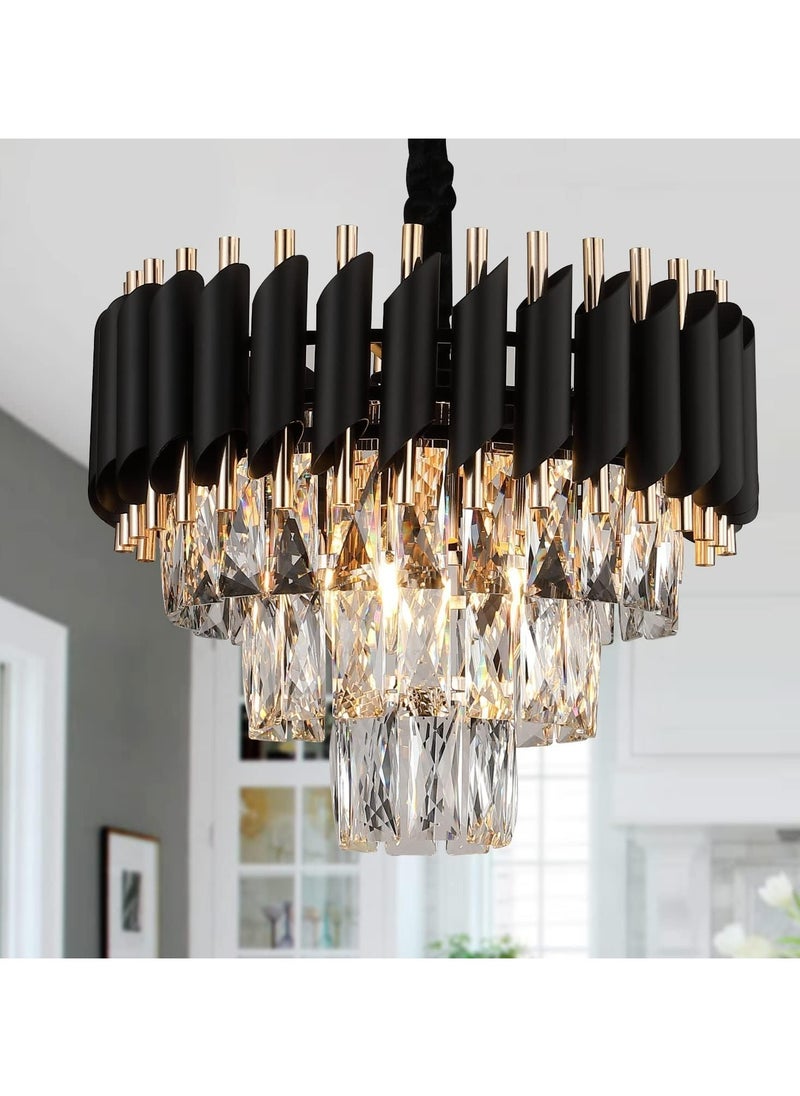 HUA QIANG WANG Modern Crystal Chandeliers 16" Black and Gold Chandelier Round Crystal Pendant Light for Dining Room Living Room Bedroom Foyer  - Image 1