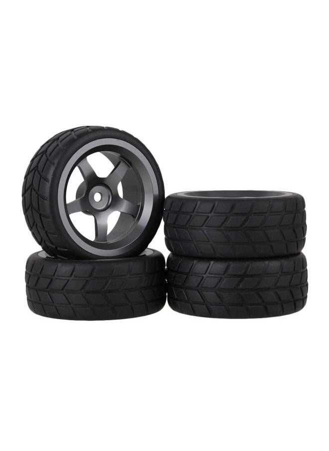 Mxfans Grey 5 Spoke Aluminium Alloy Wheel Rims & Black Square Pattern Rubber Tyres Tires For Rc 1:10 On Road Racing Car Set Of 4  - Image 1