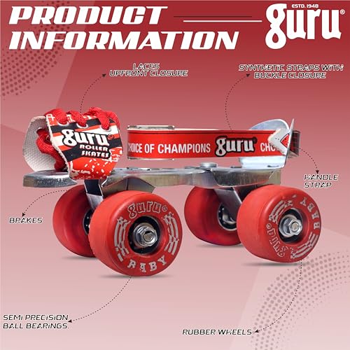 GURU Kids Adjustable Quad Roller Skates - Size 4 UK (Red) - Image 2
