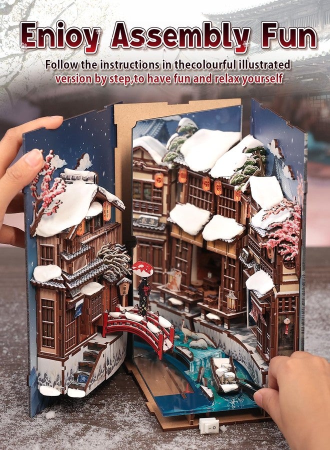 Cutefun DIY Book Nook Kit Kyoto Snow Whisper - Japanese Snow Scene 3D Wooden Puzzle Miniature Dollhouse Kit with LED Light, Bookshelf Insert Decor, Creative Gift for Adults, Teens & Book Lovers - Image 4