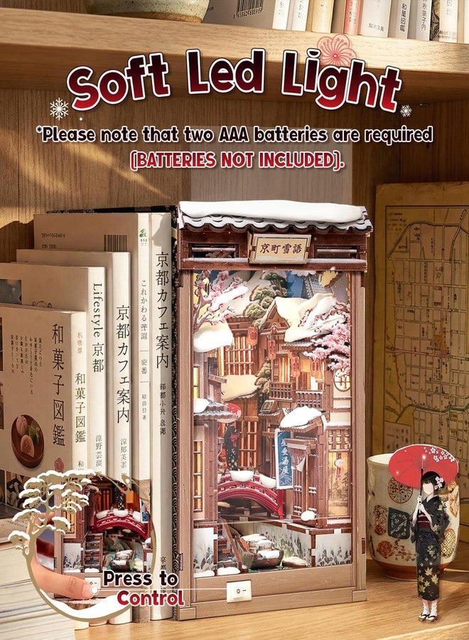 Cutefun DIY Book Nook Kit Kyoto Snow Whisper - Japanese Snow Scene 3D Wooden Puzzle Miniature Dollhouse Kit with LED Light, Bookshelf Insert Decor, Creative Gift for Adults, Teens & Book Lovers - Image 3