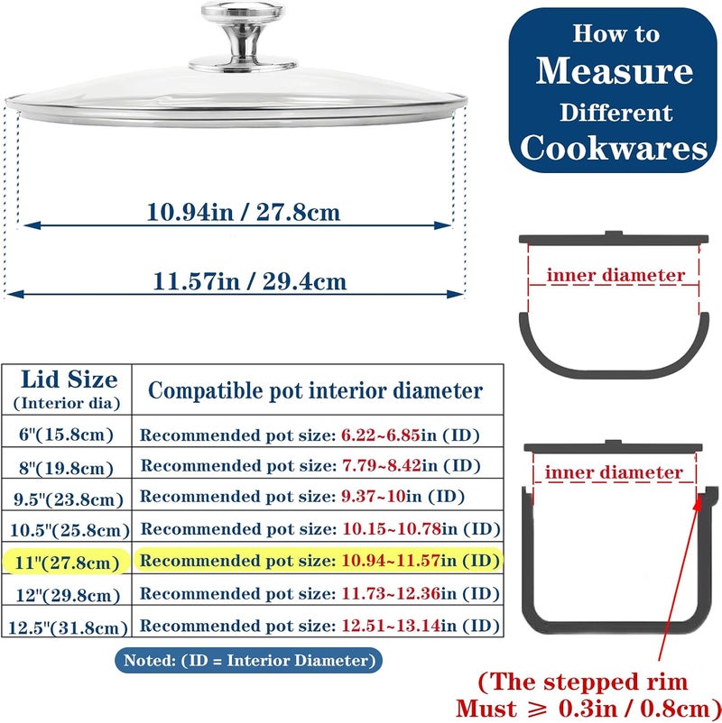Bigwinyep 11 Inch Replacement Glass Lid for Frying Pan, Universal Pan Lid 6,8,9.5,10.5,11,12,12.5 Inch Pot Cover for Cookware Cooking, Frying Pans, Wok - Image 2