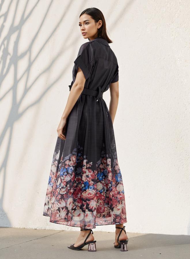 2Xtremz Floral Print Maxi Dress with Lapel Collar and Short Sleeves - Image 3