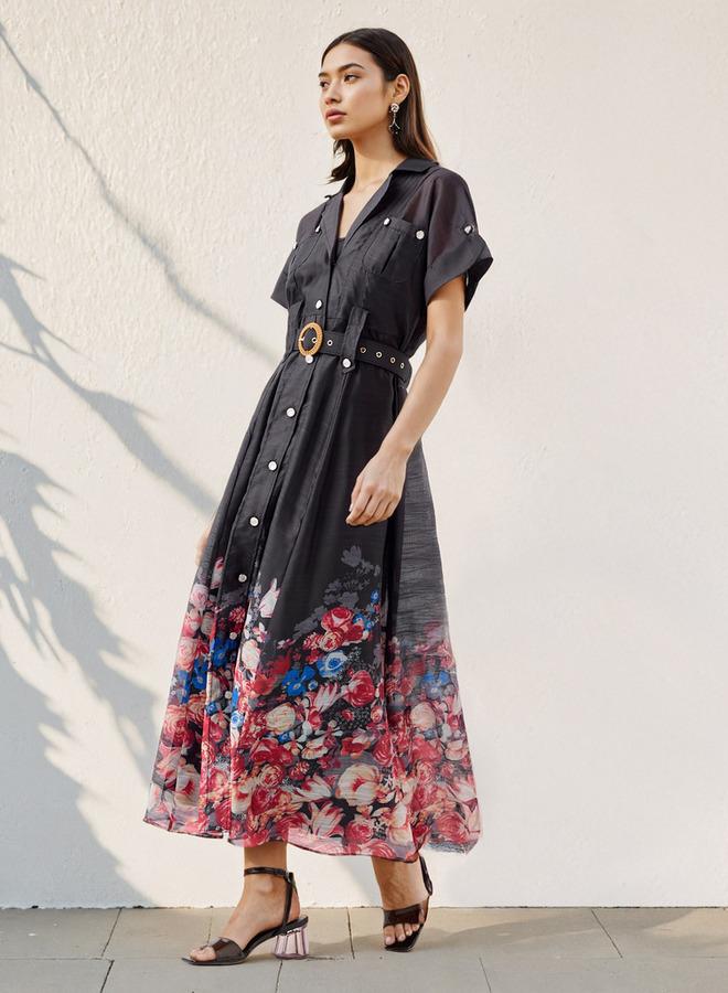 2Xtremz Floral Print Maxi Dress with Lapel Collar and Short Sleeves - Image 1