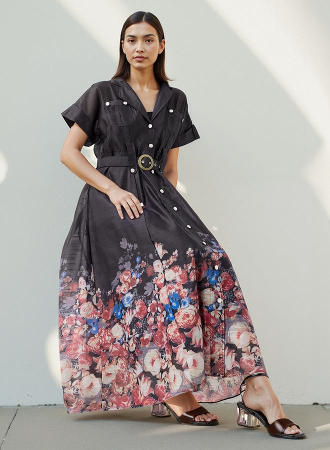 2Xtremz Floral Print Maxi Dress with Lapel Collar and Short Sleeves - Image 2