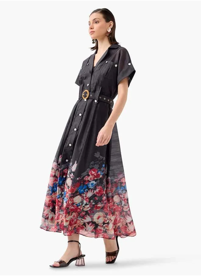 2Xtremz 2Xtremz Floral Print Maxi Dress with Lapel Collar and Short Sleeves