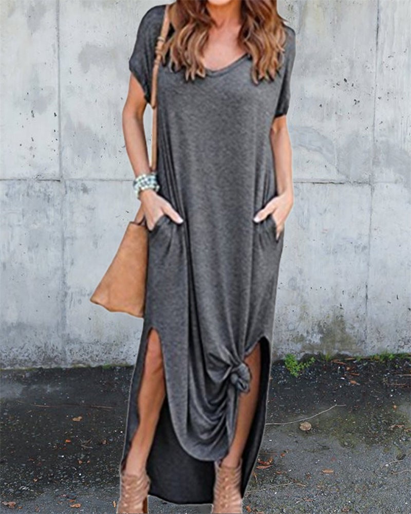 European and American foreign trade style long dress wish AliExpress hot V-neck pocket slit dress color light grey S - Image 5