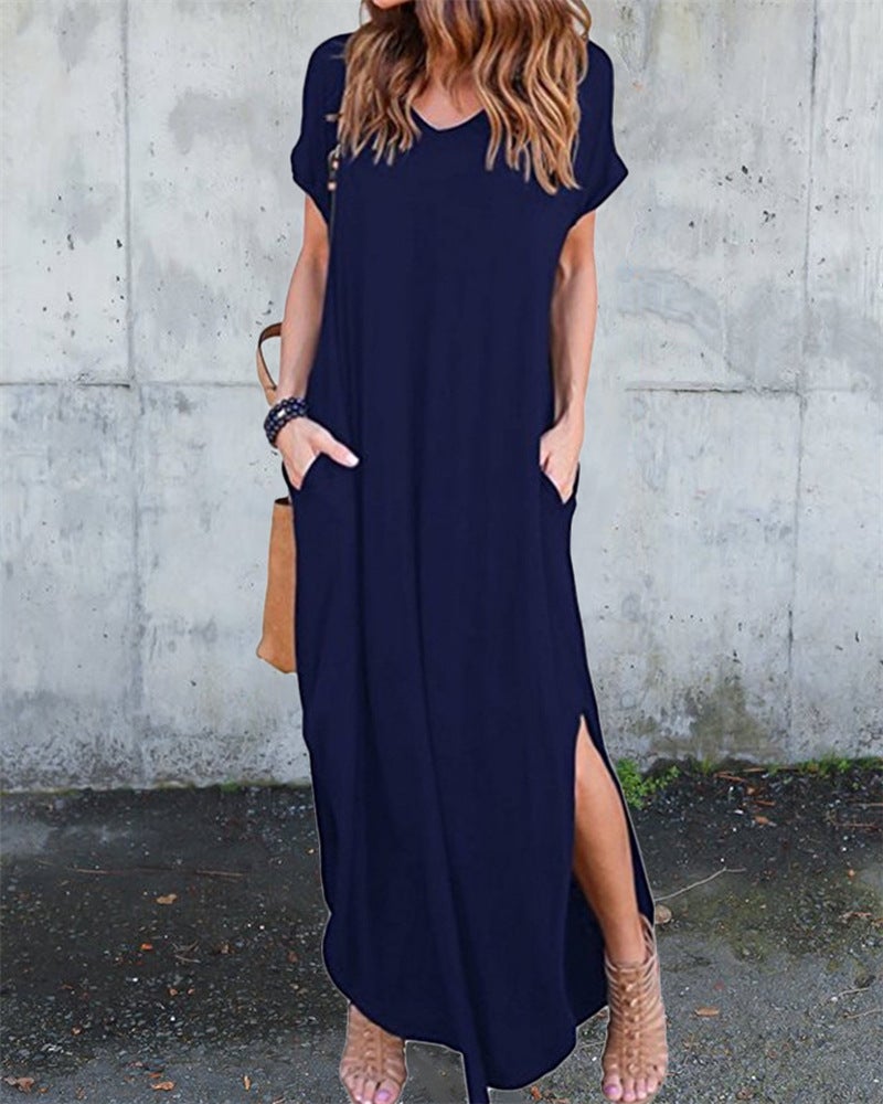 European and American foreign trade style long dress wish AliExpress hot V-neck pocket slit dress color light grey S - Image 4