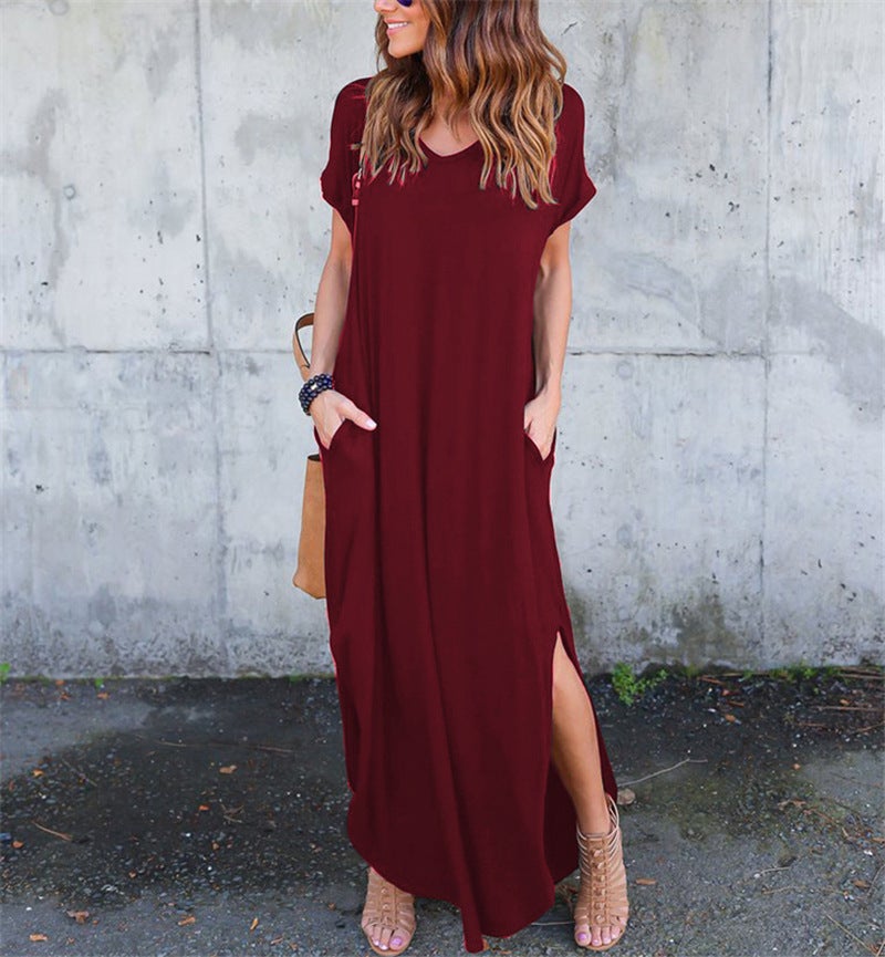 European and American foreign trade style long dress wish AliExpress hot V-neck pocket slit dress color light grey S - Image 2