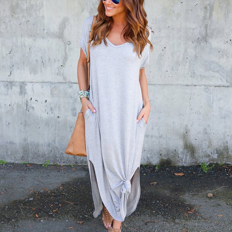 European and American foreign trade style long dress wish AliExpress hot V-neck pocket slit dress color light grey S - Image 3