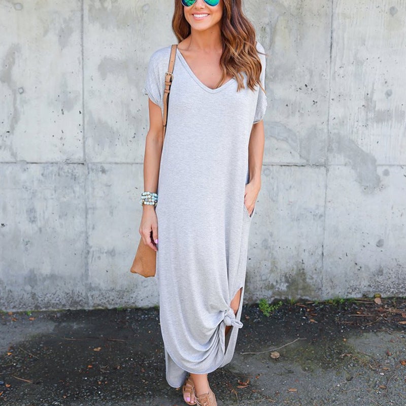 European and American foreign trade style long dress wish AliExpress hot V-neck pocket slit dress color light grey S - Image 1