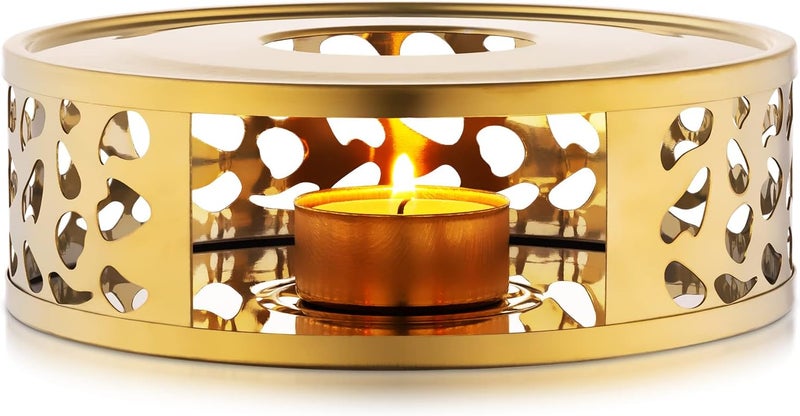 Simtive Teapot Warmer, Brushed Stainless Steel Tea Warmer with Tealight Holder, Gold - Image 1