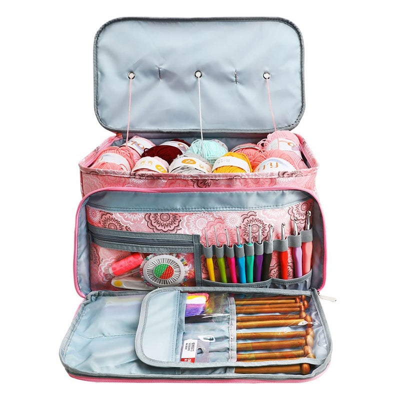 Looen Crochet Bag, Yarn Storage Organizer Tangle Free with 3 Grommets, Knitting Bag and Totes Organizer Large Craft Supplies for unfinished projects (Pink) - Image 1