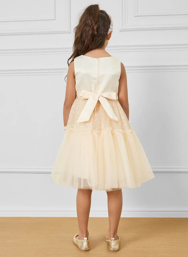 Styli Sequin Detail Floral Applique Mesh Ruffle Hem Dress