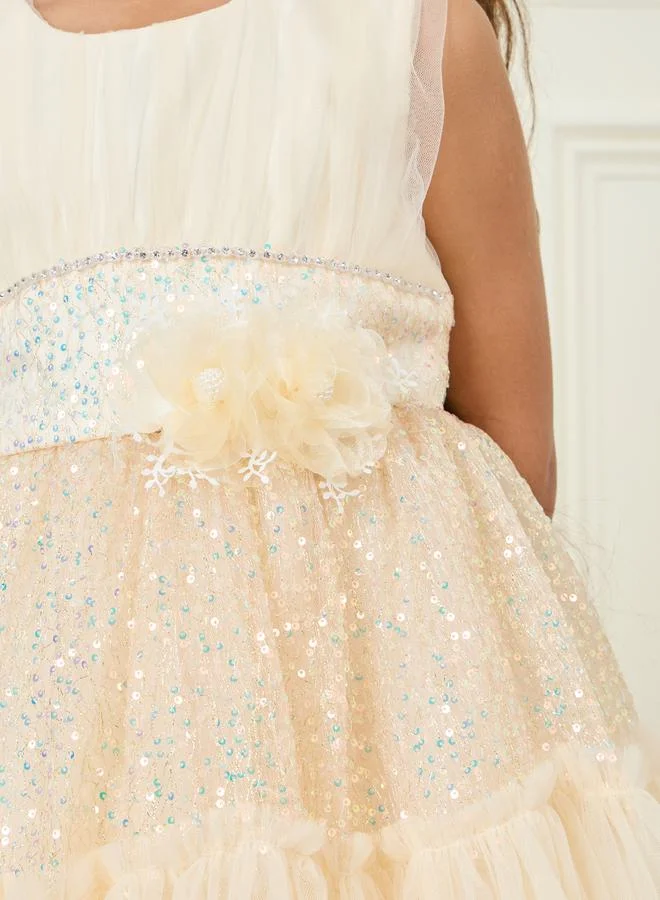 Styli Sequin Detail Floral Applique Mesh Ruffle Hem Dress