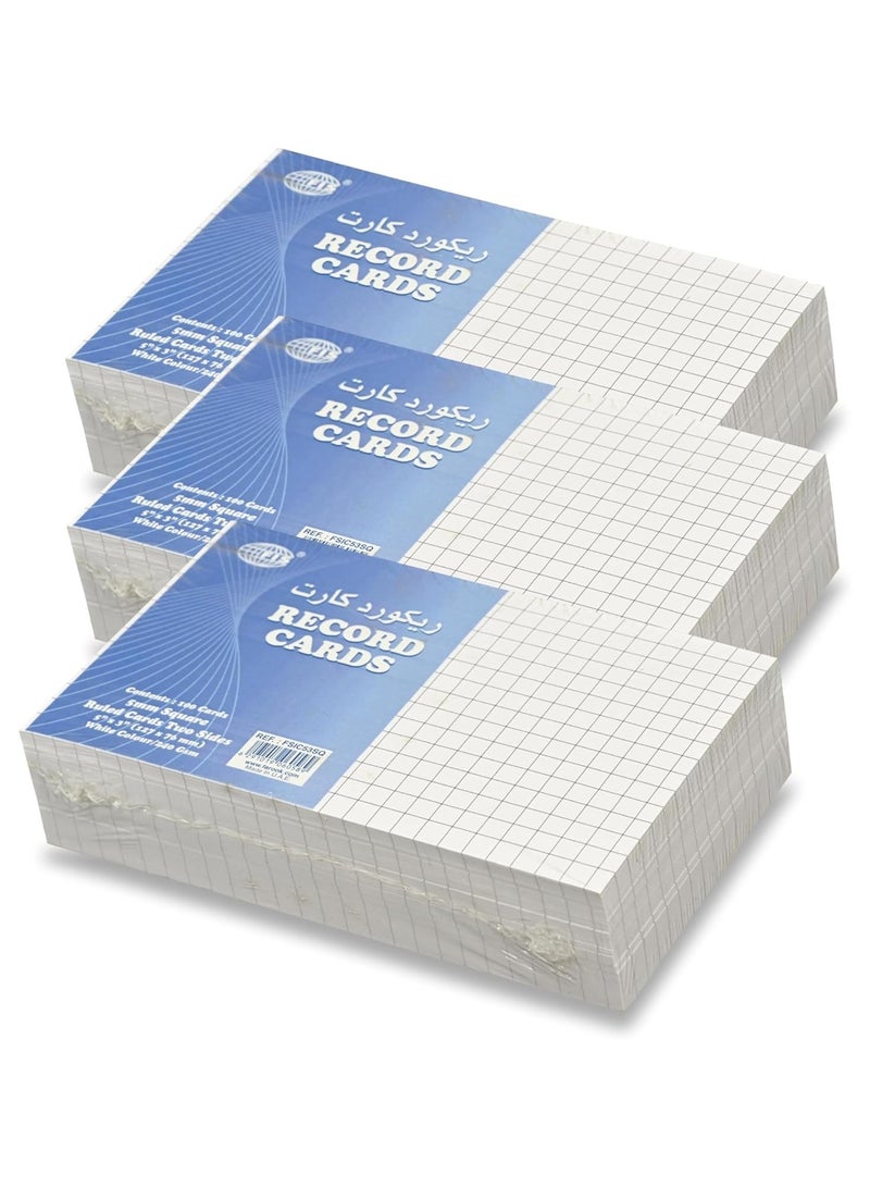 FIS® Ruled Record Cards or Index Cards, Size:5"x3" Inches (127x76mm), Two Sides 5mm Square Lines Ruling, 100 Sheets Per Packet, Packet of 3 Pieces, White Color-FSIC53SQ-3 - Image 1