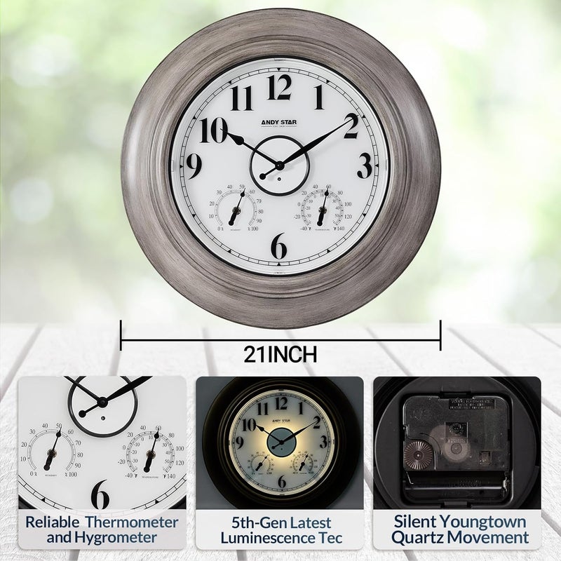 ANDY STAR 21 Inch Large Luminous Outdoor Wall Clock and Temperature for Patio, Pool, Oversized Round Wall Clocks Waterproof, Vintage Brushed Gray Oak Wooden Finish Silent Non Ticking - Image 5